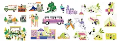 露营场景扁平风人物手举牌 -源文件分享-ywjfx.cn