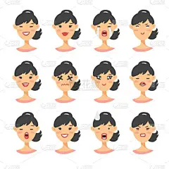亚洲表情符号字符组。卡通风格表情图标。孤立的女孩头像与不同的面部表情。平面插画女性人脸情绪。手绘矢量