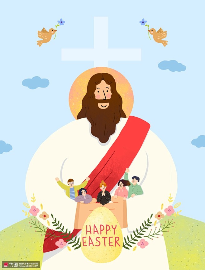 十字架耶稣拥抱孩童复活节彩蛋基督教插画宗教插画基督教插画