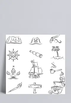 矢量海盗系列装饰简笔画|海盗船,望远镜,椰子树,海盗,火把,金币,宝箱,藏宝图,火枪,卡通元素,手绘/卡通