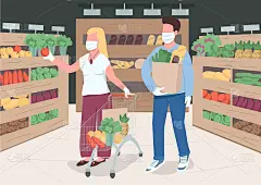 夫妇在商店检疫期间平彩色矢量插图。丈夫和妻子戴着医用口罩在商场购物。家庭2D卡通人物与室内背景