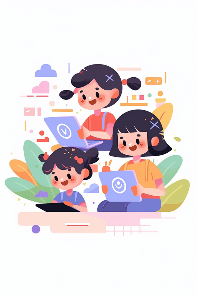 AI数字艺术儿童教育编程代码团队合作插画...