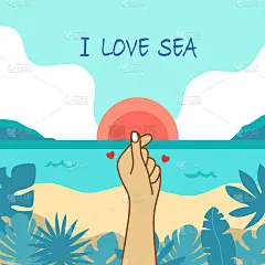 我爱海边的文字和日落的海滩。表达爱意的手势。韩语中指手心。