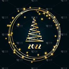 魔法金色圣诞树与星星与明亮的发光金戒指在深蓝色的背景。2022年圣诞快乐，新年快乐。矢量插图。