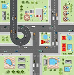 城市的街道、 公路、 房屋、 向量的顶视图