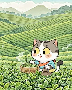 一大片茶园一只可爱的小猫在采茶叶国潮