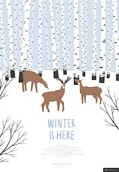 雪地森林雌雄山鹿冬日美景冬季节日手绘海报模板平面设计