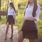 Ariadna Majewska - White Shirt, Black Leather Skirt, Wolford Nude Tights - Black and white