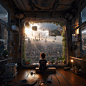 child sitting at apartment window looking outside, mid day sky clouds sci-fi environment, looking into robotic cantilever shipping containers below floating spacecraft cargo god ray lights, cyberpunk maze gates, alien floating lights towering tangled stru