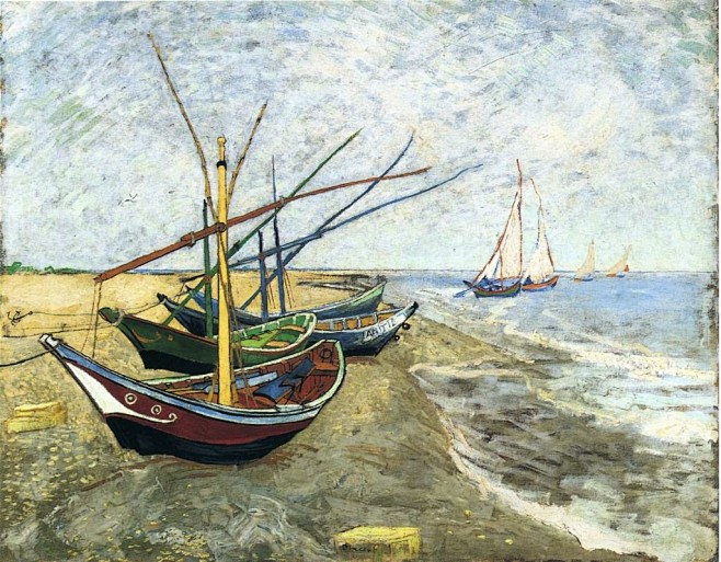 在圣马迪拉莫海边的渔船 荷兰 梵高 油画...