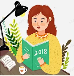 手绘插画在书桌旁读书的女学生 免抠png 设计图片 免费下载 页面网页 平面电商 创意素材
