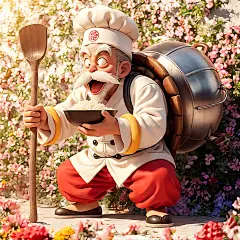 正面，背面，侧面三视图、透明背景，人物设计、动漫人物、老人，以日本动漫《悟空》中的龟仙为原型，塑造了一个背上背着一口煮饭的锅、手上拄着一支大锅铲做拐杖的米仙卡通人物，他手里端着一个大碗大米饭，饭碗要大