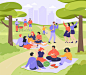 人们在公共公园平面矢量插图中野餐。 快乐的男人和女人、家人和孩子坐在毯子上，边吃边聊天。 景观、休闲、户外活动概念