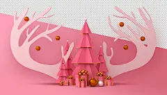 圣诞节3D渲染卡通可爱新年快乐场景PSD分层插画素材 Merry christmas happy new year