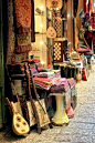 Music and silk.  Colourful market in Muslim Quarter in the Old City of Jerusalem