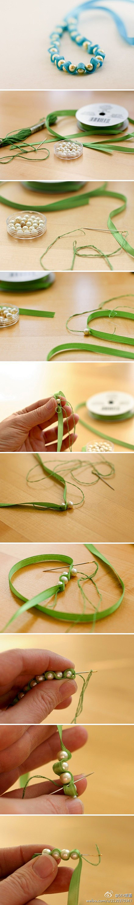 DIY频道：丝带、珠子的结合 可以做发箍...