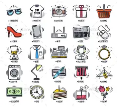 零售和购物涂鸦——业务图标Retail and Shopping Doodles - Business Icons电器、篮子、购买蛋糕,电话,检查,涂,画,鲜花,礼物,衣架,高跟鞋,图标,光、机、手机、鼠标、纸张、铅笔,香水,现在,登记,戒指,购物,符号,素描,太阳镜、目标、时间、矢量 appliance, basket, buying, cake, call, check, doodle, drawing, flowers, gift, hanger, heels, icon, light, machi