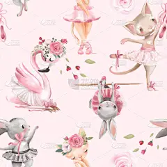 美丽的无缝可平铺图案与水彩芭蕾舞演员动物-兔子, 小猫和火烈鸟与粉红色的玫瑰