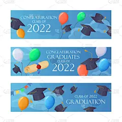 2022年毕业派对邀请函设置有趣的横幅。带气球的天空.