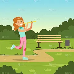 美丽的微笑女孩吹长笛，而行走在城市公园，儿童户外活动矢量插图