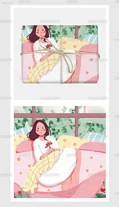 绿色粉色甜美绘本女孩居家手绘卡通艺术插画数码3C马克杯