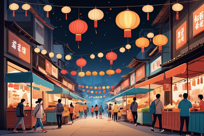 卡通夜市逛街集市场景插画