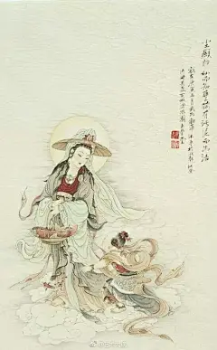 武卫萍工笔观音菩萨画——武卫萍，1958年出生于西安，定居于四川成都。擅长工笔观音菩萨、工笔红楼、工笔仕女，其工笔人物画造型独特生动、线条轻灵飘逸、色彩古朴淡雅，画作风格特点突出。是当代实力派女画家，成都工笔画院特约画师，专攻工笔人物画。  ​​​​