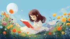 阅读儿童小孩女孩在草地上看书人物插画世界读书日卡通手绘儿童读书学习亲子阅读招生教育ai绘画 - 觅知网