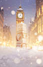 in the snow in front of a gold clock sign, in the style of soft and dreamy atmosphere, gold, miniature illumination, liquid light emulsion, white, british topographical, festive atmosphere