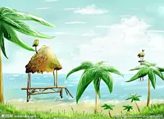 手绘梦幻绿色海边风光风景插画