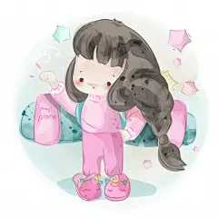 穿着睡衣的小女孩小清新手绘水彩风格儿童人物插画矢量图设计素材