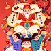 手绘插画春节初五迎财神