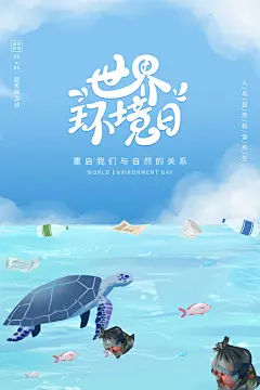蓝色手绘高端大气世界环境日海报