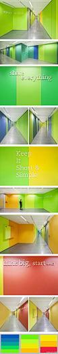 #小世界，大设计# 国外一所学校的走廊，每层楼被赋予了不同的色彩，或放下浮躁的安定蓝绿拼接，或打破沉闷充满活力的红黄拼接，在这上学，每天都是活力满满啊。 http://t.cn/zHevxHG