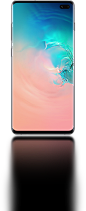 Galaxy S10+的正面图片，屏幕上显示有抽象的珊瑚和蓝色渐变图形。