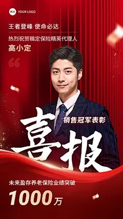 金融保险销售业绩表彰人物喜报喜庆风手机海报