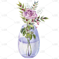 花束与紫色的玫瑰和银莲花在一个玻璃花瓶在一个白色孤立的背景。手绘水彩插图