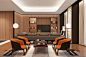 【客厅】：以原木色系为主色调，深褐色的L型大沙发搭配一组可以灵活变换位置的单椅，可以满足多人使用