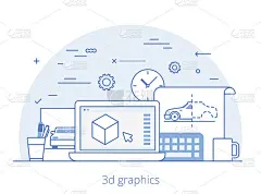 直线艺术平面3D图形服务网站英雄图像矢量插图。数字艺术工具和技术概念。笔记本电脑，草图，建模软件界面