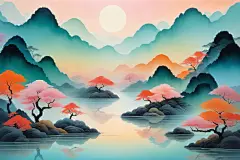古韵禅意山水国潮山水插画背景图