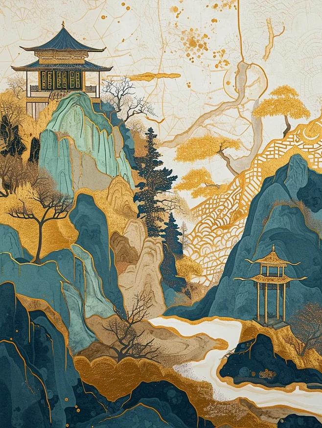 鎏金山水画海报-花瓣网