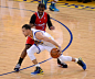 Description of . Golden State Warriors' Stephen Curry (30) dribbles against Los Angeles Clippers' Chris Paul (3) in the first quarter in Game 6 of their Western Conference NBA Playoff game at Oracle Arena in Oakland, Calif. on Thursday, May 1, 2014. (Jose