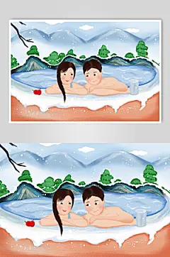 卡通冬天情侣泡温泉人物插画