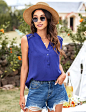 SoTeer Women Sleeveless Blouse Comfy V Neck Loose Casual Button Down Shirts (Large, 1_Blue) at Amazon Women’s Clothing store