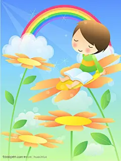 矢量卡通插画素材-花朵上的小朋友