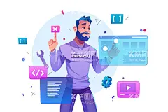 程序员概念插画  - 源文件下载【酷图网】程序员,开发,编程,计算机,网络开发,写代码,插画,卡通,手绘,背景,背景墙,展板,场景,素材,