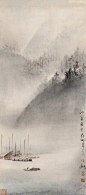 高剑父（1879~1951），立轴 设色纸本，96×42cm，题识：「江关萧瑟。鼎湖山中作，剑父。」；钤印：「肖形印、剑父不死、乱画哀乱世也」