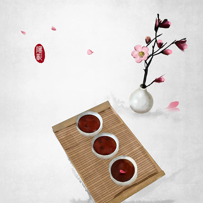 清茶桃花枝立春24节气古风水墨画中式中国风古风插画