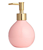 Light pink. Round soap dispenser in stoneware with a gold-colored plastic pump. Diameter approx. 3 1/2 in., height 6 in.