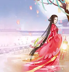手绘古风人物系列---粉、红  红妆美人  粉装美人 嫁衣 古装美人 古风美人手绘头像   古风女子-红衣-提灯-墨发飞扬